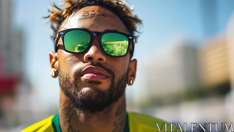 Urban portrait with mirrored green sunglasses and tattoos.