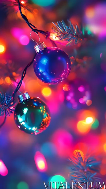 Vibrant glass ornaments on colorful Christmas lights bokeh.