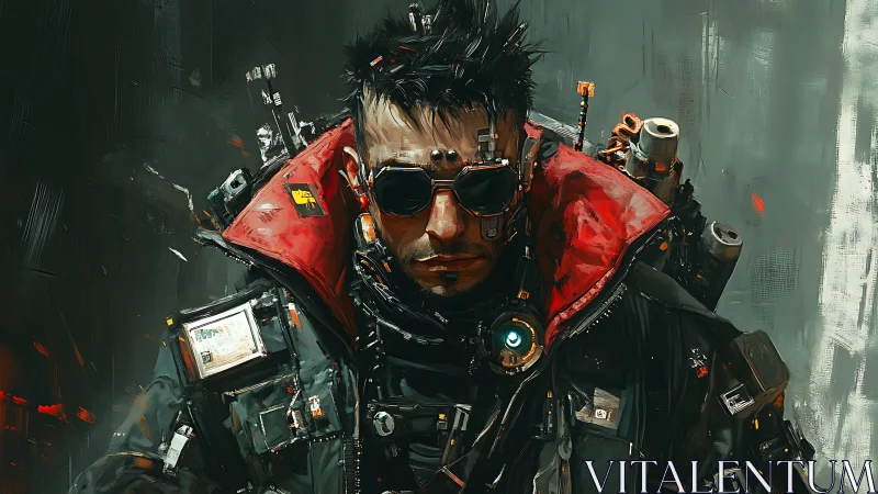 Cybernetic male figure in heavy tech armor coat portrait.