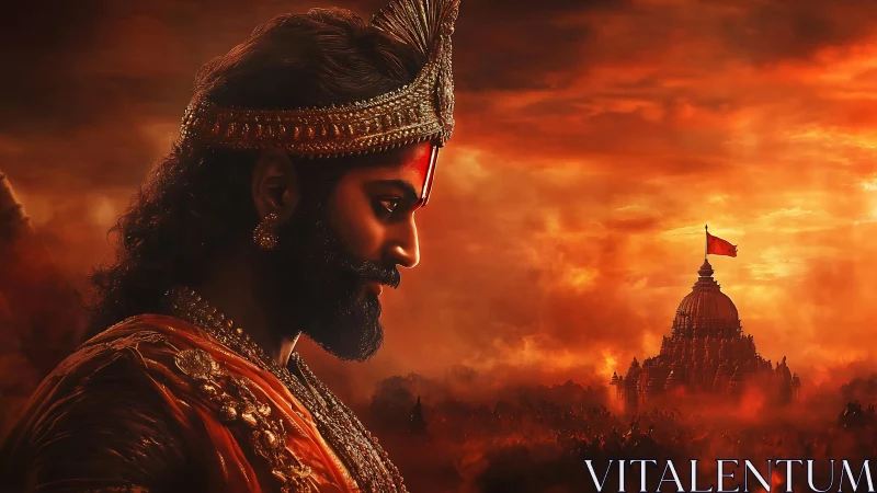 Regal warrior profile observes temple amid infernal sunset