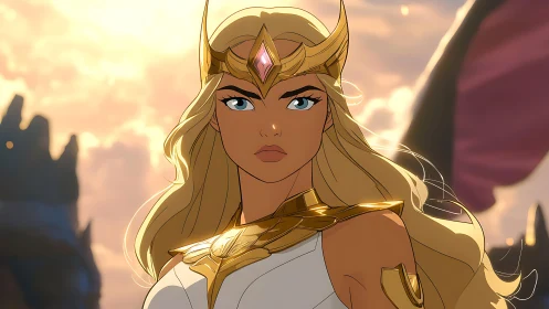 Resolute warrior princess in golden armor at sunset.