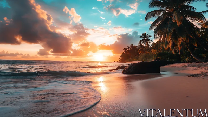 Tropical sunset illuminates palm-fringed shoreline with warm glow