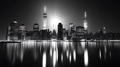 Monochrome city skyline reflects symmetrically on calm water