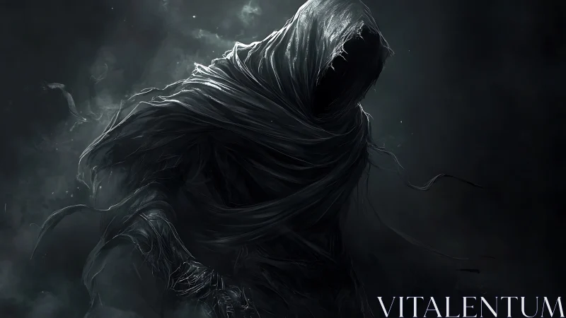 Hooded spectral figure in dark swirling tattered drapery.