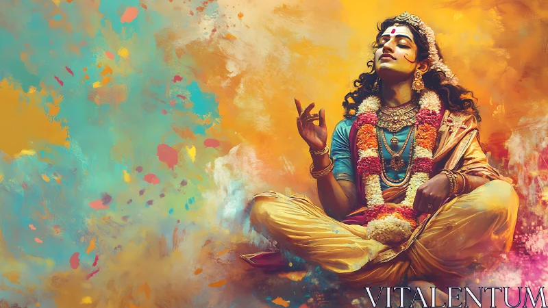 Radiant meditative figure glows in swirling festive colors