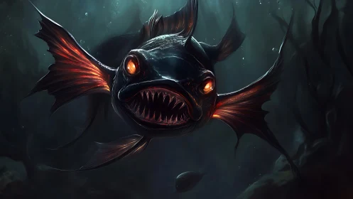 Bioluminescent deep-sea predator rendered in dramatic digital chiaroscuro