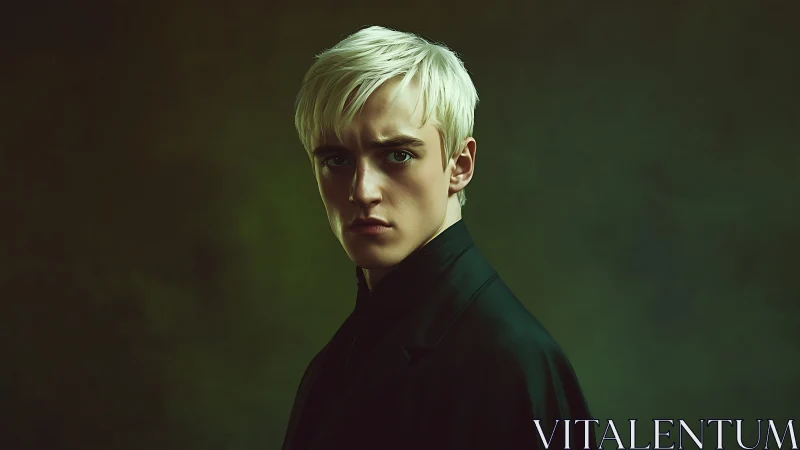 Portrait shows blond male subject in dark studio setting