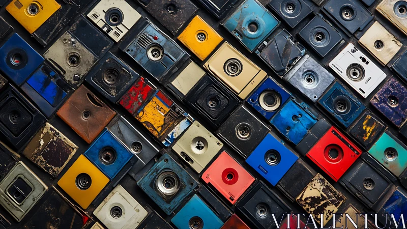 Retro camera mosaic of worn plastic faces in tilted chorus.