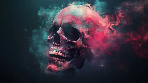 Glowing human skull wrapped in red and teal swirling smoke.