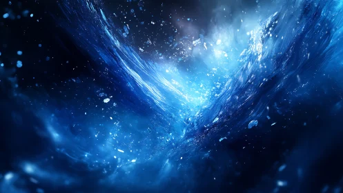 Digital painting of turbulent blue vortex with luminous spray.