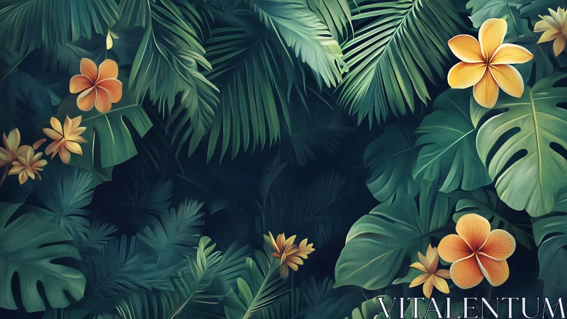 Tropical plumeria flowers among dense green jungle leaves.