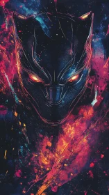 Ferocious neon panther mask amid explosive cosmic fire.