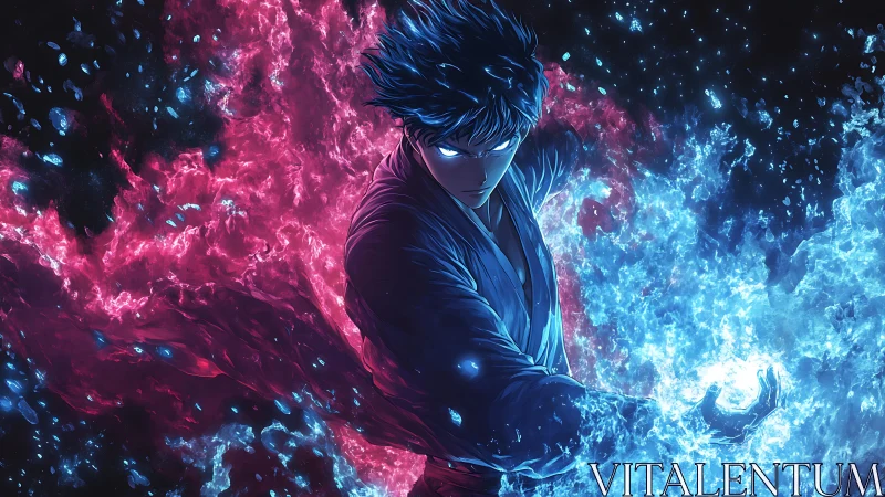 Anime warrior commands twin blue and crimson energy torrents.