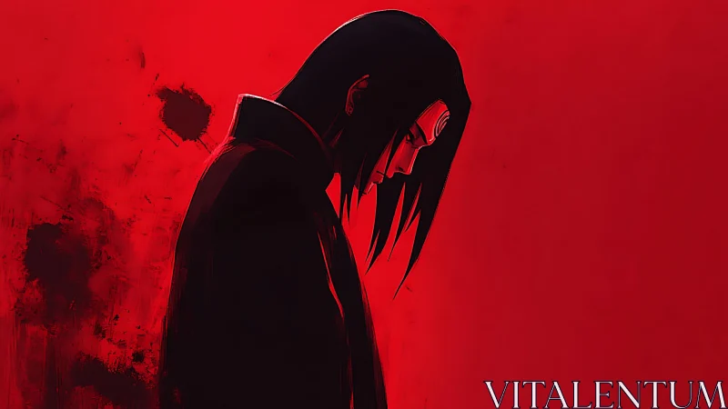 Solitary anime figure silhouetted against burning crimson sky.