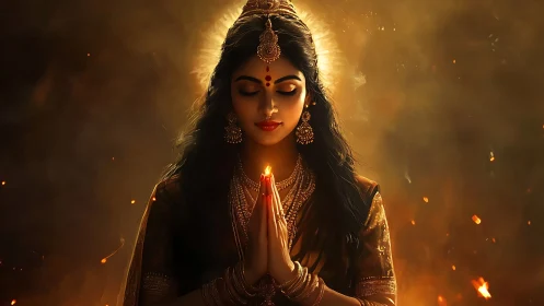 Golden prayer glow around serene woman in divine stillness.