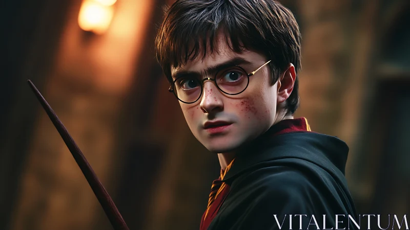 Young wizard holds wand under warm castle torchlight.