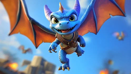 Playful blue baby dragon soars through bright fantasy sky.