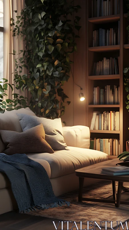 Cozy reading nook with soft sofa, warm light, and greenery.