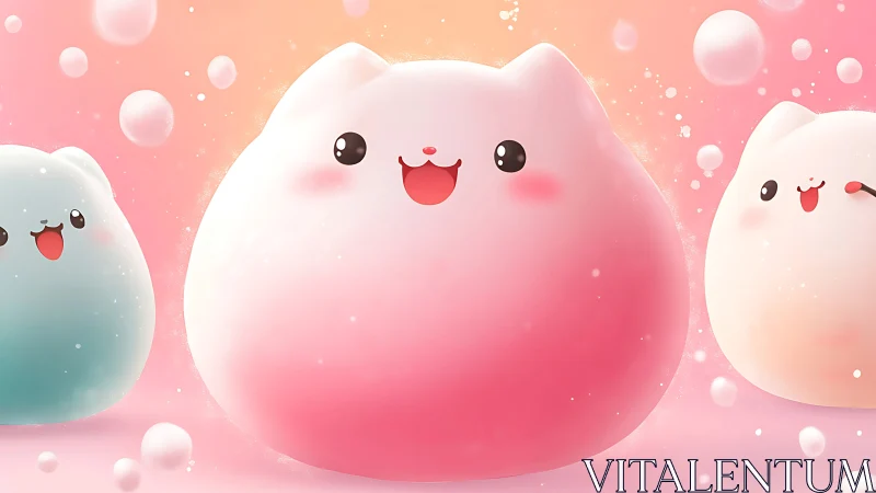 Three Kawaii Creatures With Happy Expressions in Pink Gradient.