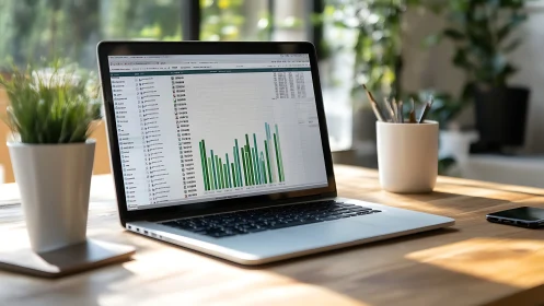 Sunlit laptop turns spreadsheet charts into office skyline.