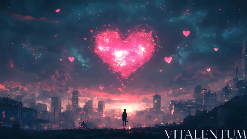 Silhouetted figure stands beneath neon heart in cyberpunk cityscape.