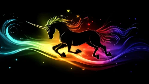 Silhouetted unicorn gallops through radiant prismatic trail