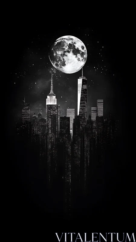 Monochrome high‑rise skyline aligns beneath a large moon
