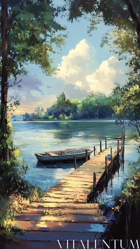 Wooden dock extends into calm river beneath tree canopy