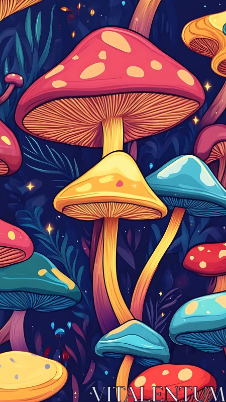 Neon forest mushrooms gossip under a midnight cobalt sky