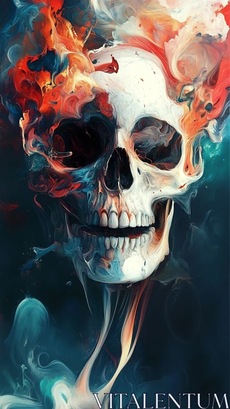 Flaming spectral skull rendered in swirling chromatic smoke.