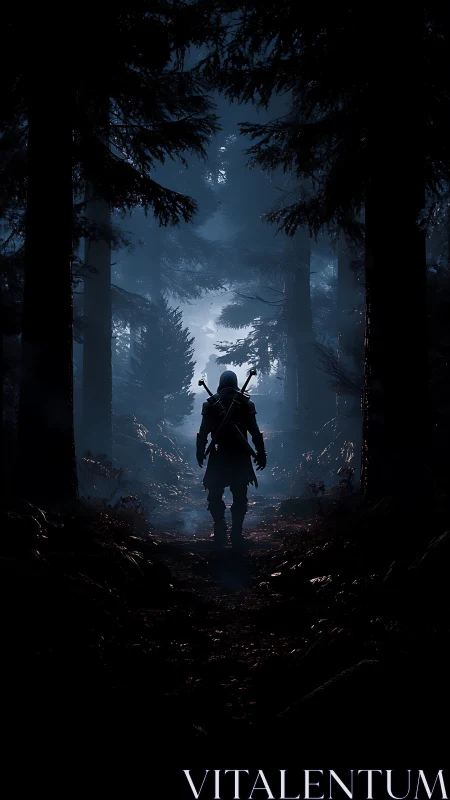 Lone wanderer stepping into a misty midnight forest trail.