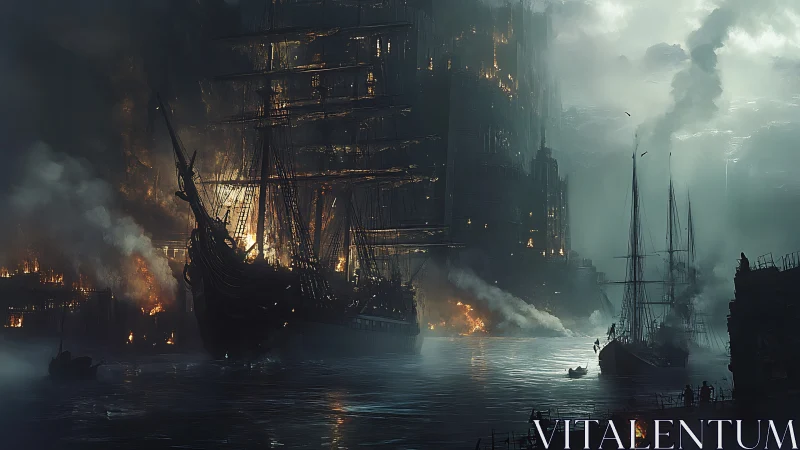 Gothic Harbor Inferno: Steampunk Naval Architecture Engulfed in Atmospheric Combustion