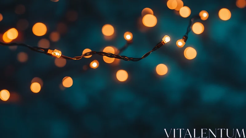 Soft golden string lights drifting in a deep teal dusk.