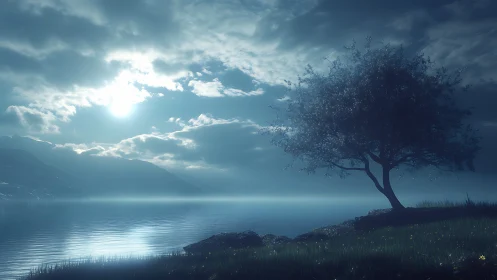 Solitary tree on misty lakeshore under bright blue moonlight.