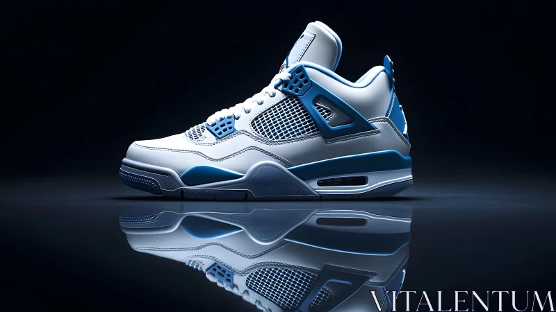 Classic white and blue sneaker in studio lighting, modern reflective style.