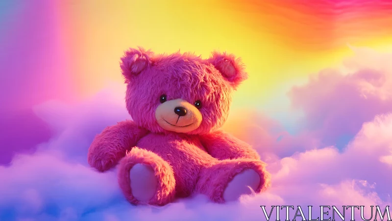 Pink teddy bear on soft clouds under vivid rainbow sky.