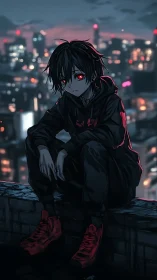 Edgy anime boy with red eyes on rooftop at night.