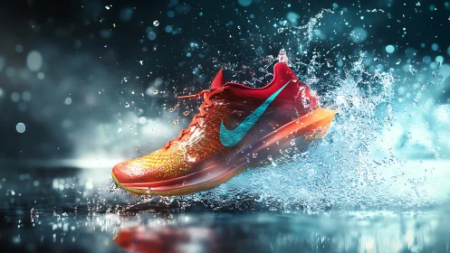 Red athletic running shoe impacting water with splash effect.