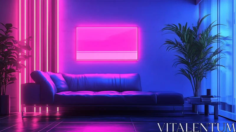 Neon magenta and cyan lit modern lounge with leather sofa