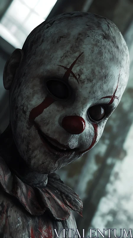 Decrepit clown doll close-up with cracked mask and smeared blood