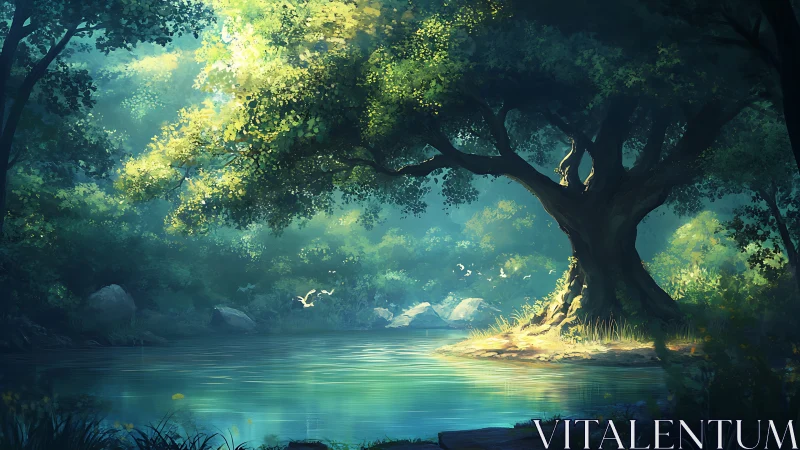 Luminescent Forest Sanctuary with Rippling Waters.