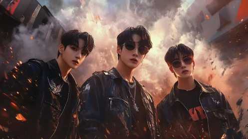 Stylized boy band in burning urban alley explosion scene.