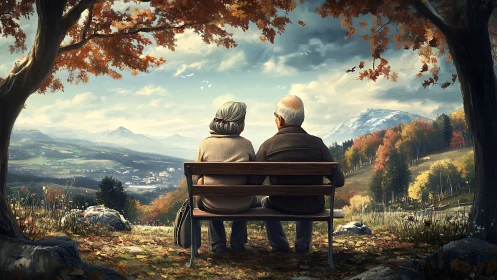 Elderly Couple Observing Panoramic Mountain Landscape with Autumn Foliage