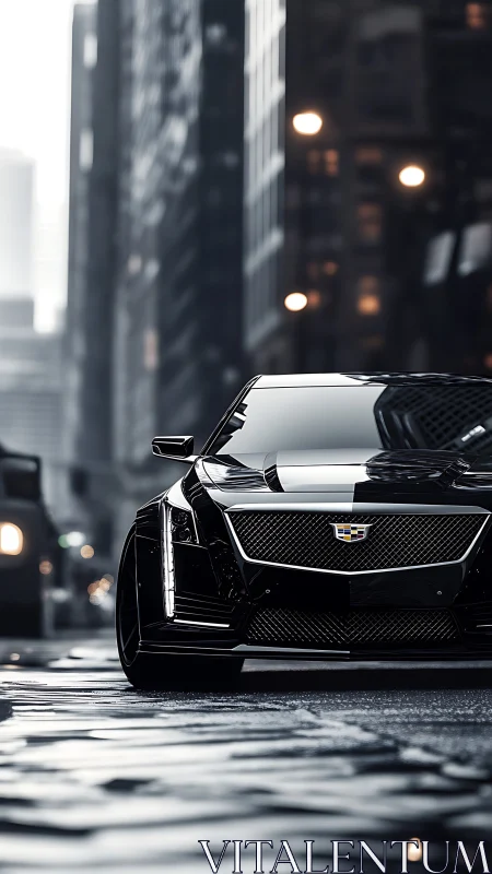 Black sedan is parked on wet urban street in front view