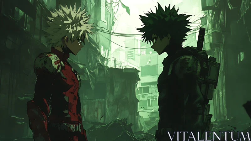 Two armored rivals confront each other in ruined urban canyon