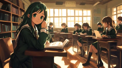 Anime school classroom scene with focused students studying.