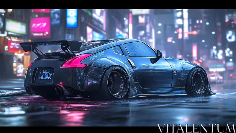 Sleek tuner car glows softly in a rainy neon city night