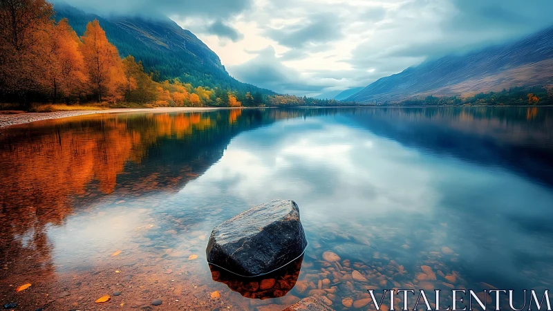 Still lake mirror with autumn forest and lone shoreline rock.