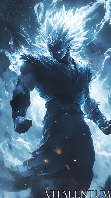 White haired energy warrior stands in glowing blue aura.