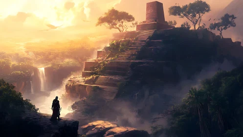 Sun-drenched jungle pyramid greets a lone dawn wanderer